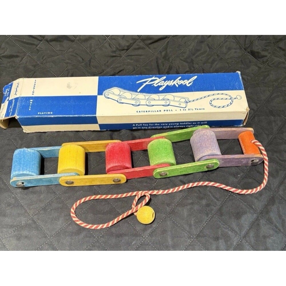 Vintage 50s Playskool Caterpillar Wooden Roller Jointed Pull Toy Primary Colors